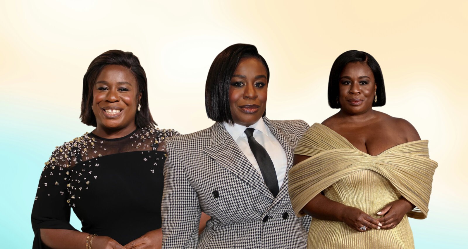 Uzo Aduba wearing a black dress with studded shoulders and oversized sleeves at the 2025 Fashion Trust event, via @uzoaduba on Instagram; Uzo Aduba wearing her signature side part during The Residence press tour via Talkingwithtami.com; Uzo Aduba in a stunning beige Cong Tri dress at the 2021 Tony Awards via JustJared.com.