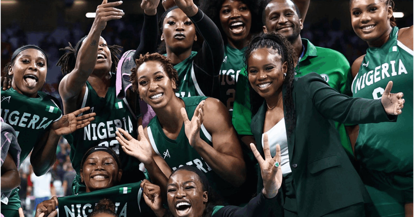 Group picture of the Nigerian female Basketball team D'Tigress at Paris 2024 via BBC Sport