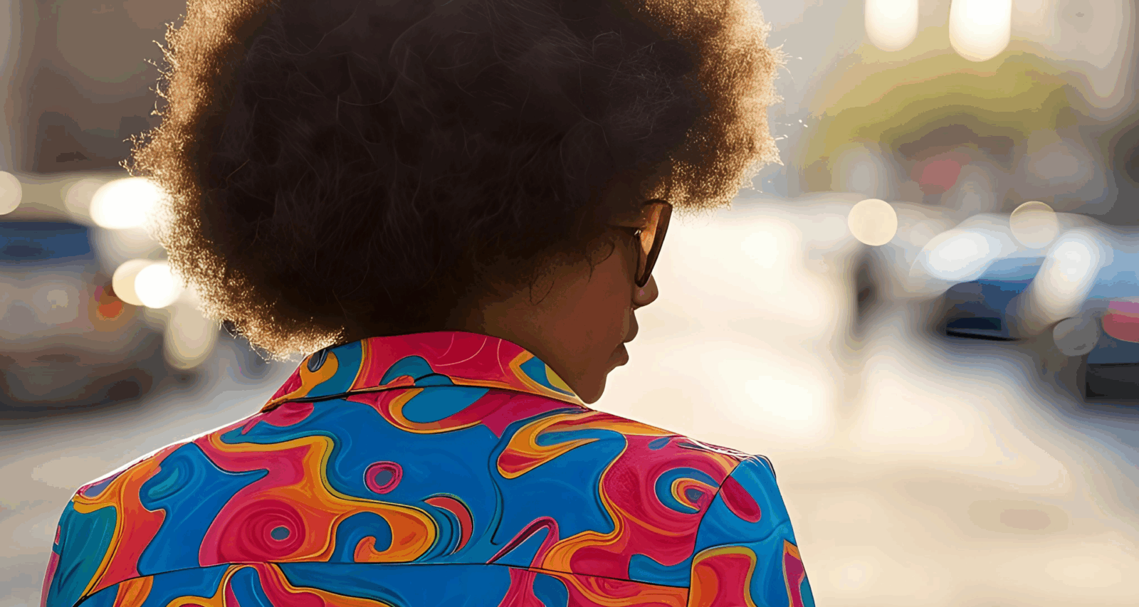 Style anxiety; close up shot of the back view of a woman with an afro, wearing a colourful jacket by Ampli Ficador via Unsplash