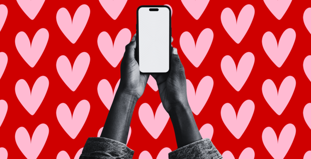 A Black woman holding her mobile phone against a red background with pink hearts via Marie Claire Nigeria