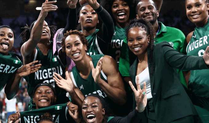 Group picture of the Nigerian female Basketball team D'Tigress at Paris 2024 via BBC Sport