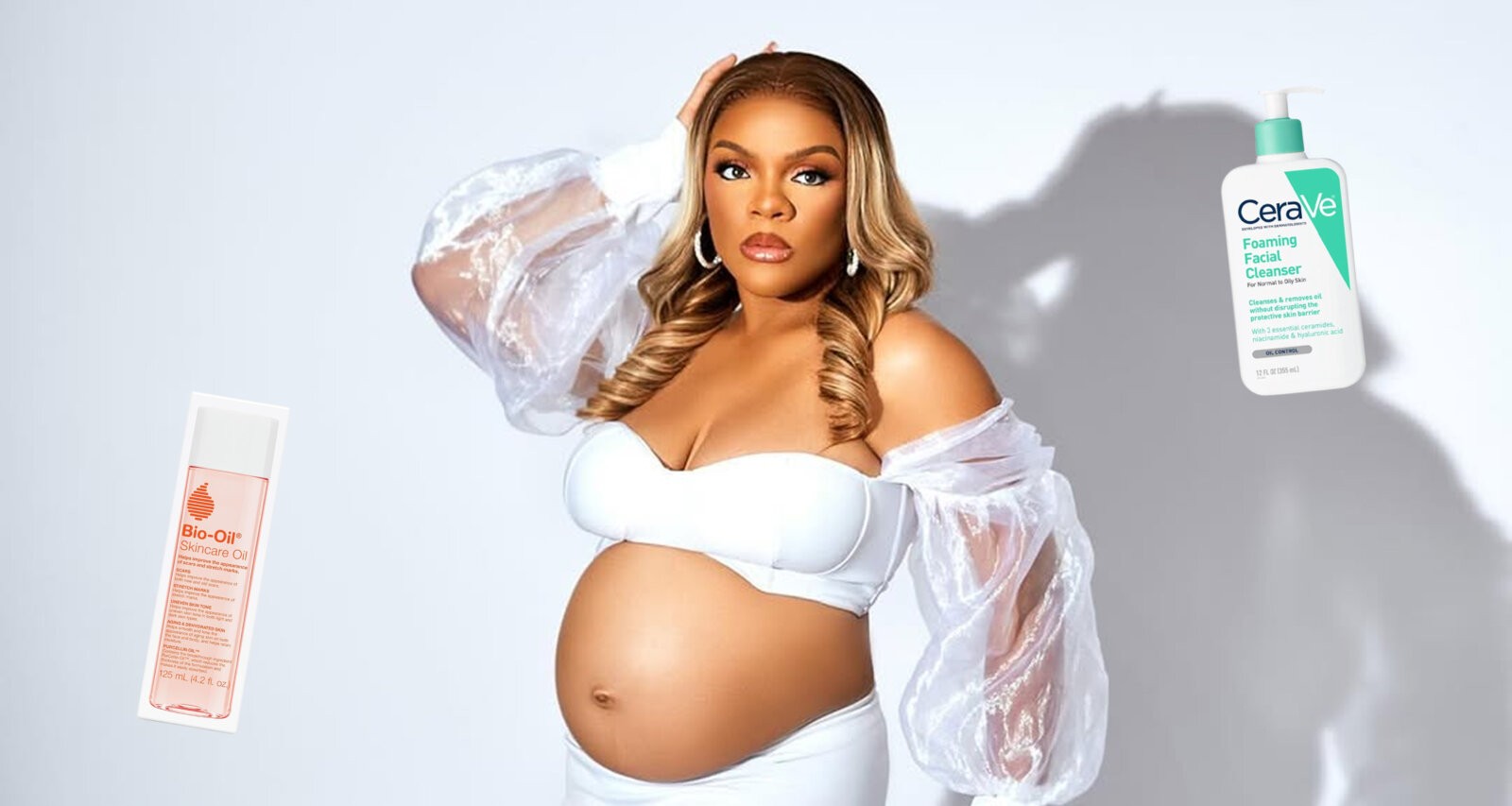 An image from Alma Ngur's maternity shoot via Alma Ngur; Cerave Facial Cleanser & Bio-Oil skicare oil via